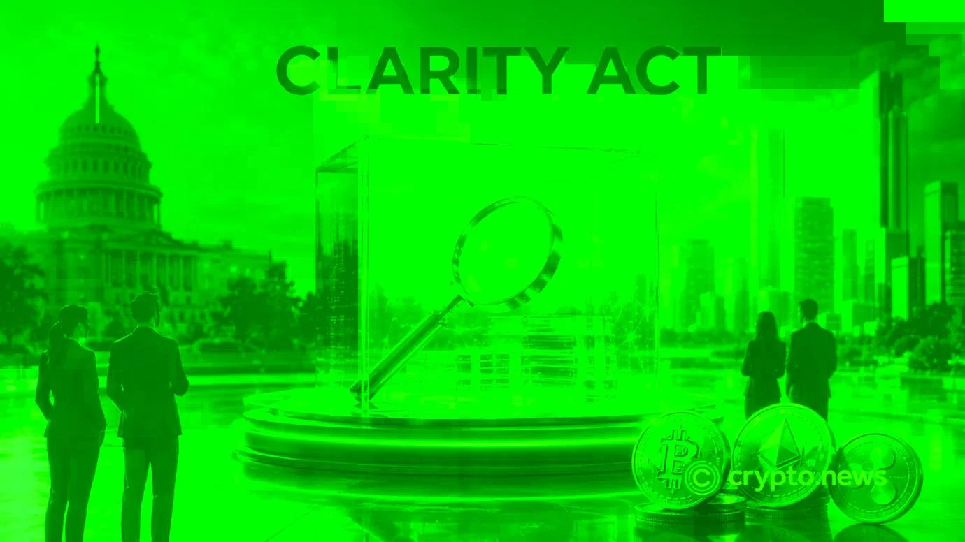 Senate chamber with CLARITY Act documents and crypto market screens